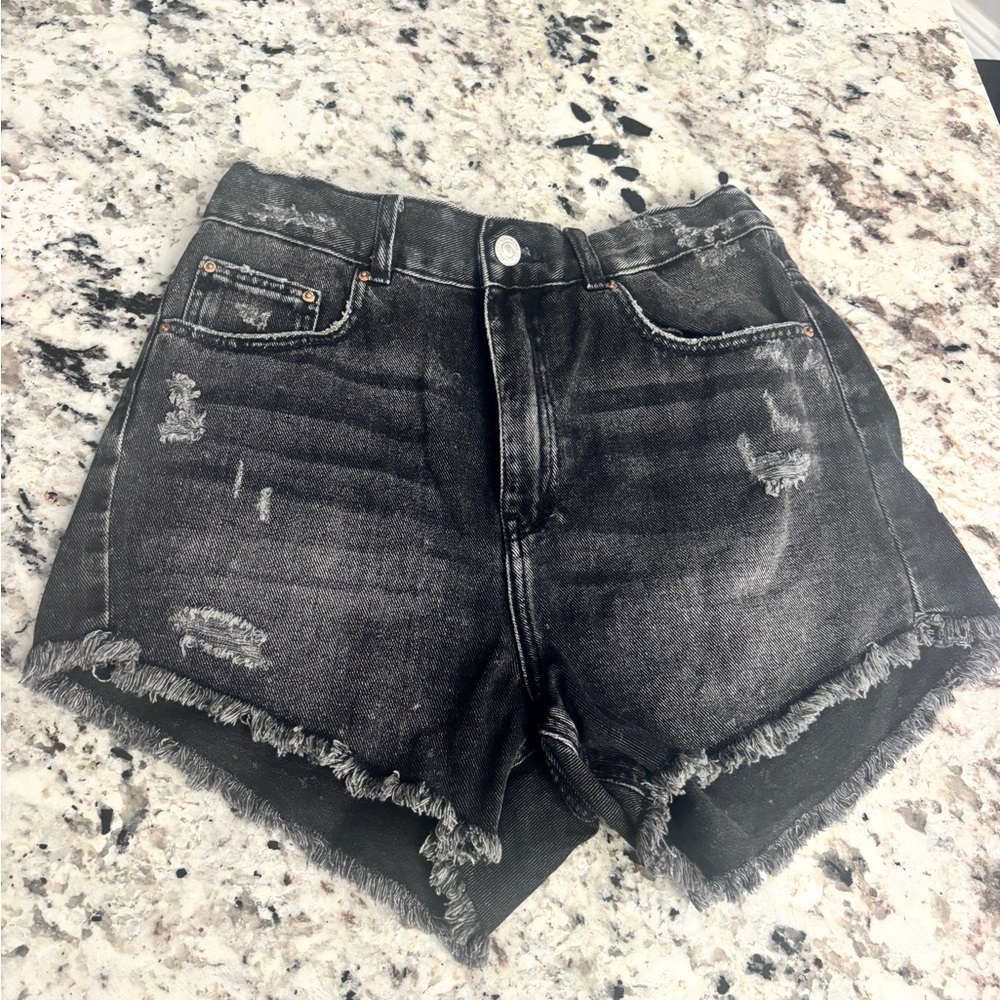 Distressed Black Denim Shorts